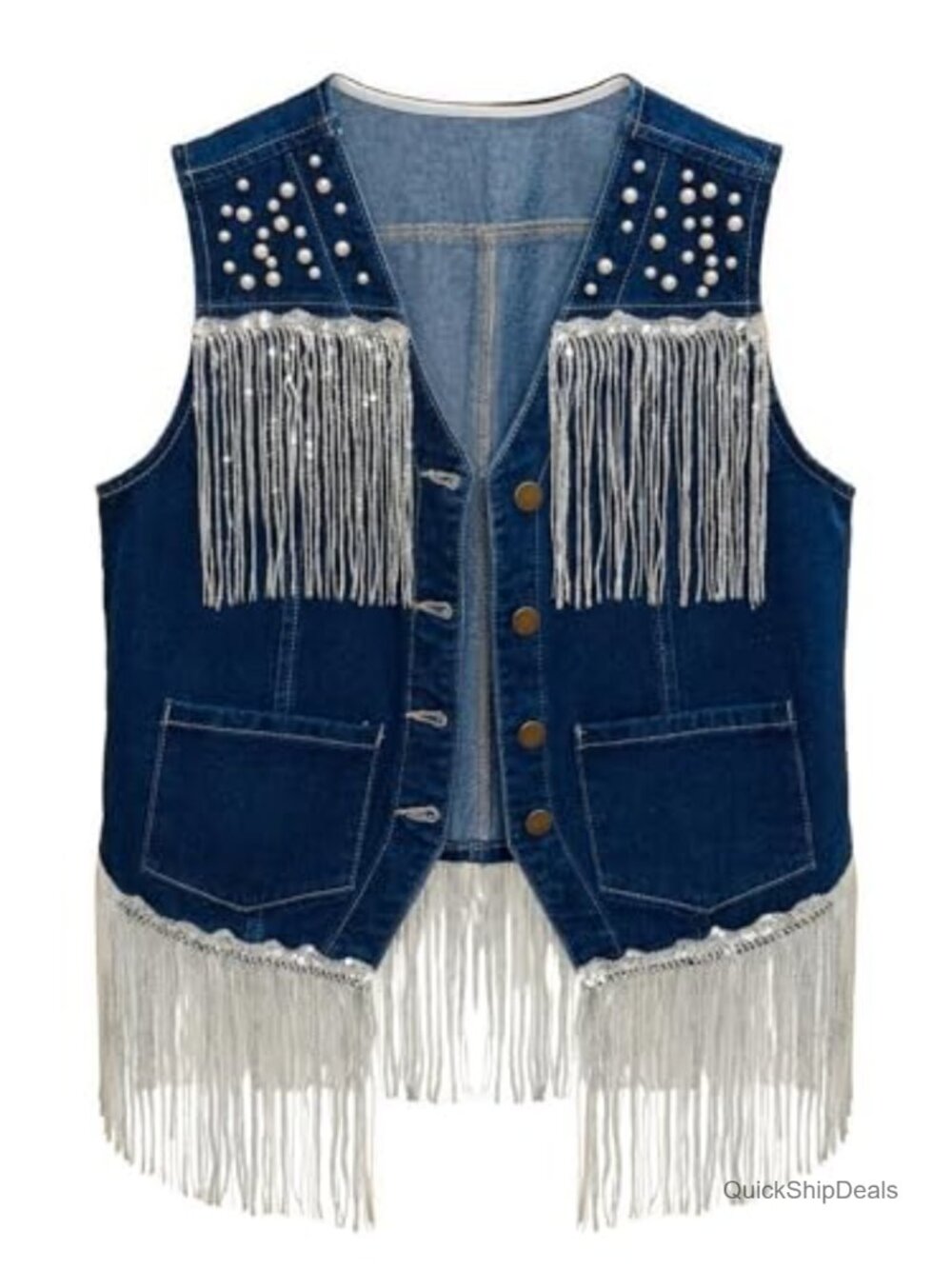 Fringe Denim Vest Cropped Western Cowgirl Pearl Top Women